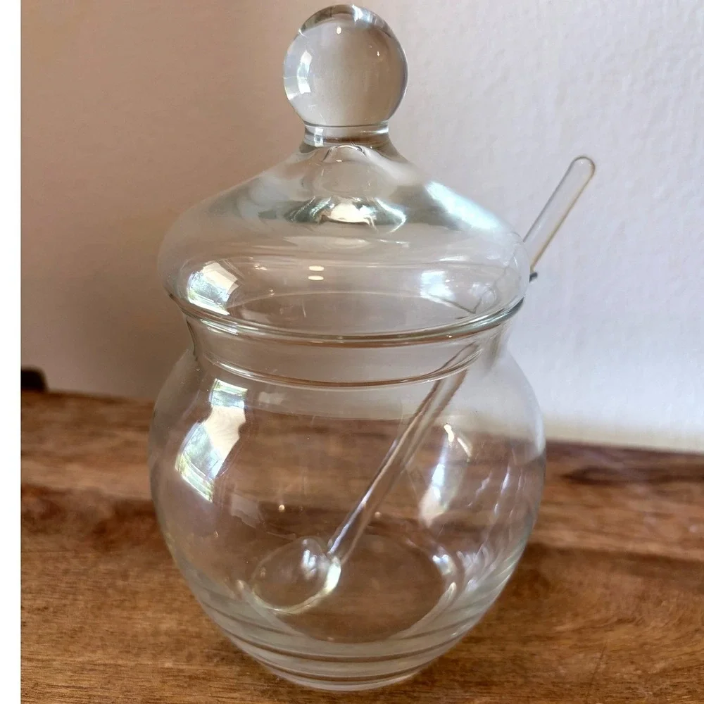 Vintage Clear Glass Honey Pot Jam Jar Set with Lid and Glass Spoon